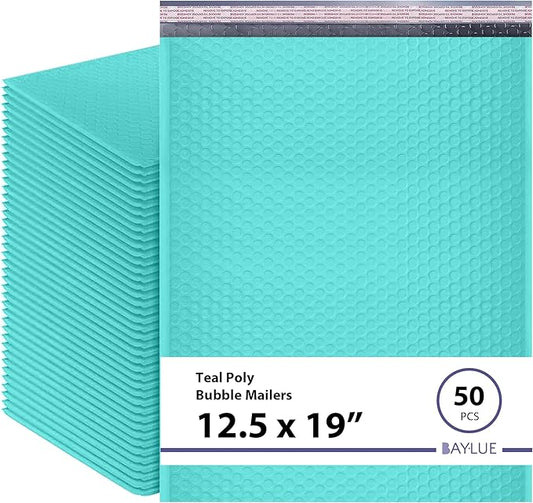 Teal 12.5x19.5 Inch Large Poly Bubble Mailers #6 | Padded Envelopes with Self Seal | Air Lined Cushioned Bubble Mailer | Usable Size 12.5x15 | 50 Pack Bulk | Lightweight shipping Bags