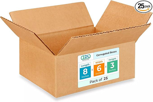 IDL Packaging Small Moving Boxes - 8"L x 6"W x 3"H (25-Pack) - Extra Strength 200 lb Corrugated Packing Boxes