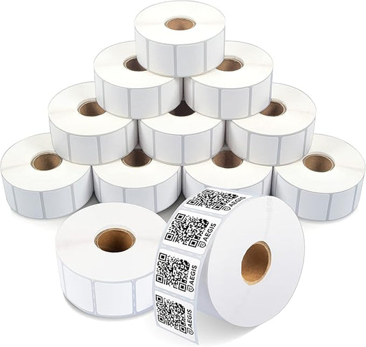 Aegis Adhesives - 1 ¼” X 1” Direct Thermal Multipurpose Labels for QR Codes, Price Tags, Perforated & Compatible with Zebra Desktop Printers - NOT Rollo Compatible (12 Rolls, 1300/Roll)