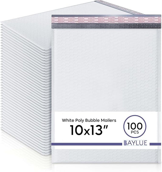 White 10x13 Inch Poly Bubble Mailers |Self Seal Padded Envelopes for Thick books | Air Cushioned Bubble Mailer | Usable Size 9.5x13 Inch | Waterproof Lightweight Mailing Shipping Bags | 100 Pack Bulk