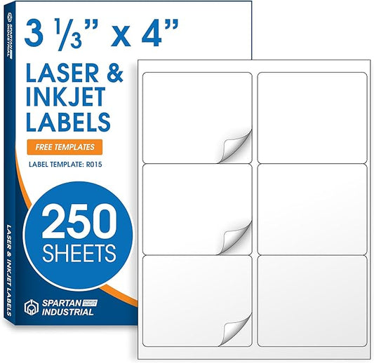 3 1/3" X 4" Matte White Shipping Labels Compatible with Inkjet and Laser Printers - 250 Sheets, 1500 Printable Stickers for Mailing, Product IDs, Organization - Spartan Industrial Template R015
