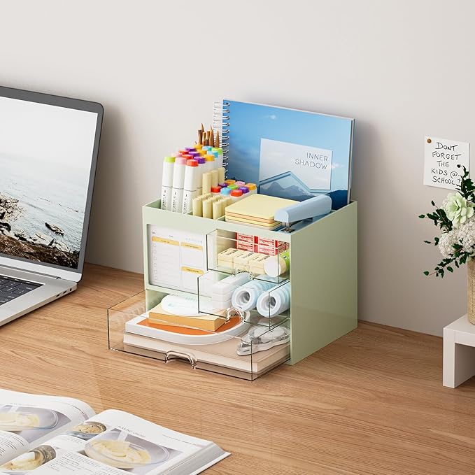 Marbrasse Desk Organizer with 3 Drawer, Multi-Functional Pencil Pen Holder for Desk, Desk Organizers and Accessories with 4 Compartments, Desktop Organizer Storage for Office Home Supplies (Green)