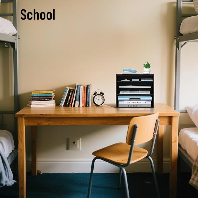 5-Tier Wood Desk Organizer, Paper Tray Organizer for Desk with Adjustable Storage Shelves, Desktop File Organization Paper Sorter Mail Holder for Office Home Classroom, Black