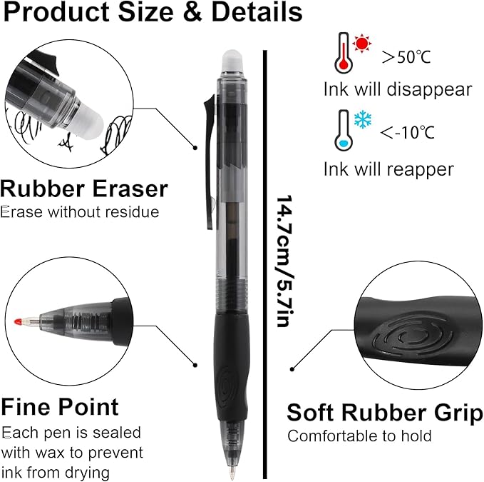 USUAL Retractable Erasable Pens 12 Colored Erasable Gel Pen 0.5mm Erasable Gel Pens Black Make Mistakes Disappear Smooth Writing Pen Office Back-to-School Supplies (12 Pcs-6 Colors)