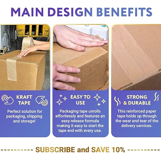 APQ Pack of 6 Reinforced Water Activated Tapes 3" x 500'. Gummed Tape for Corrugated Cartons. Kraft Box Tape with Permanent Adhesion. Paper Tape for Packaging, Shipping, Mailing, Moving.