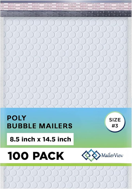 White Poly Bubble Mailers 8.5x14.5 inch #3 | Self Seal Padded Envelopes | Cushioned Bubble Mailer | Usable Size 8.5x13.5 | WaterProof | Lightweight mailing Shipping Bags | 100 Pack Bulk | Made in USA