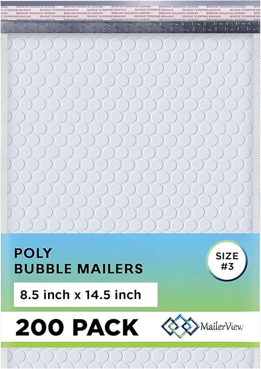 White Poly Bubble Mailers 8.5x14.5 inch #3 | Self Seal Padded Envelopes | Cushioned Bubble Mailer | Usable Size 8.5x13.5 | WaterProof | Lightweight mailing Shipping Bags | 200 Pack Bulk | Made in USA