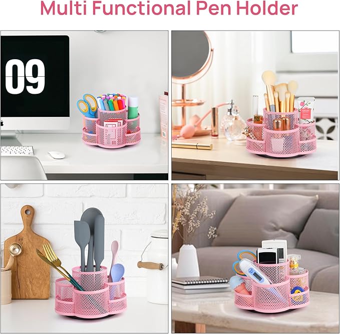 Topwey Pink Pen Holder for Desk, Rotating Pencil Holder, Cup Holder for Desk Office, Pen Organizer