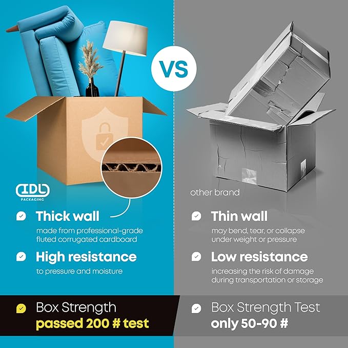 Long Moving & Shipping Boxes 18"L x 9"W x 9"H (25-Pack) - Extra Strength 200 lb vs Regular - Corrugated Packing Boxes for Moving - Durable Box for Shipping - Cardboard Box by IDL Packaging