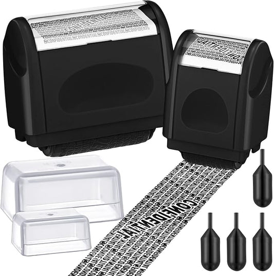Nezyo 2 Pack Identity Protection Roller Stamp Identity Theft, Confidential, Privacy Roller Stamp Information Blocker and 4 Pack Refill Ink for ID Account Data Address Security(Black)