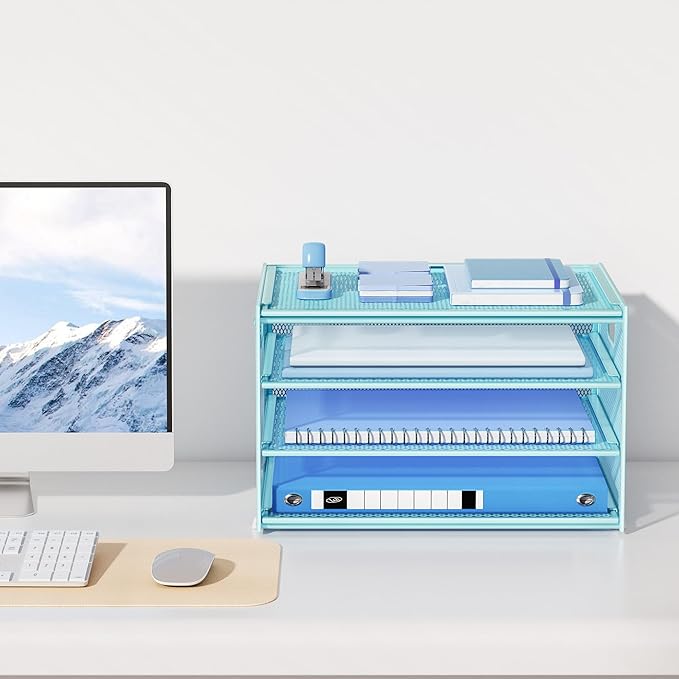 Lavatino 3-Tier Letter Tray Desk Organizer, Mesh Metal Paper File Tray Organizer for Desk, Office Supplies & Home Organization, Fits A4 Paper, Mail, Magazines & Office Accessories (Blue with Handle)