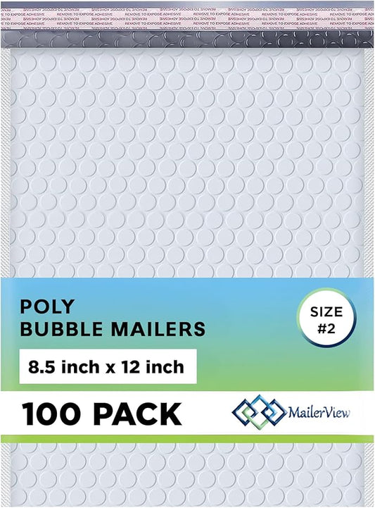 White Poly Bubble Mailers 8.5x12 inch #2 | Self Seal Padded Envelopes | Cushioned Bubble Mailer | Usable Size 8.5x11 | WaterProof | Lightweight mailing Shipping Bags | US Made | 100 Pack Bulk