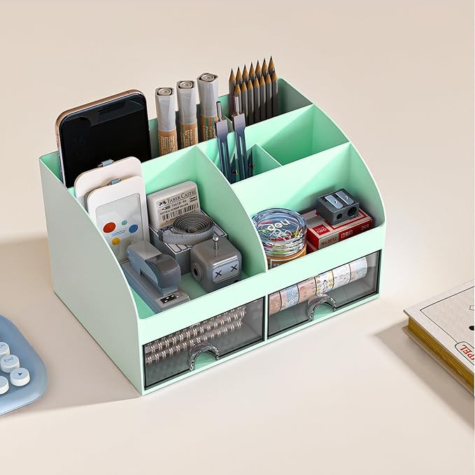Desk Organizer with 6 Compartments and 2 Drawers, Plastic Makeup Organizer, Pen Holder for Desktop Storage, Desk Organization for School, Home, Office Supplies (Mint Green)