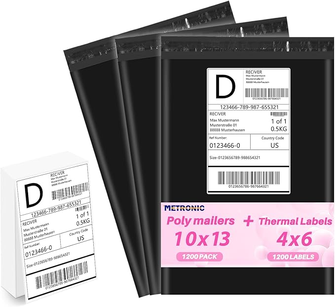 Metronic Poly mailers 10x13'' 1200pcs with 4x6 Thermal Labels 1200 Labels Bulk, Self Seal Shipping Bags for Clothing,Waterproof Mailing Bags for Shipping, Shipping Envelopes for Small Business,Black