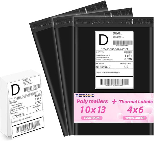 Metronic Poly mailers 10x13'' 1200pcs with 4x6 Thermal Labels 1200 Labels Bulk, Self Seal Shipping Bags for Clothing,Waterproof Mailing Bags for Shipping, Shipping Envelopes for Small Business,Black