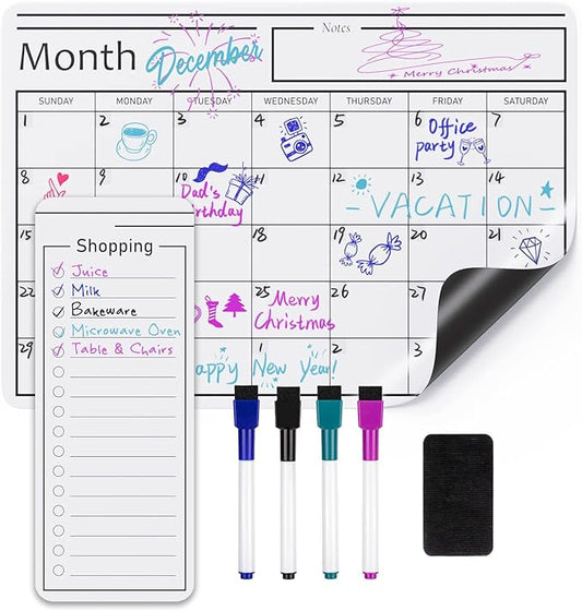 Amazon Basics Magnetic Dry Erase Whiteboard Calendar, 12" x 17", Includes 4 Markers And Eraser