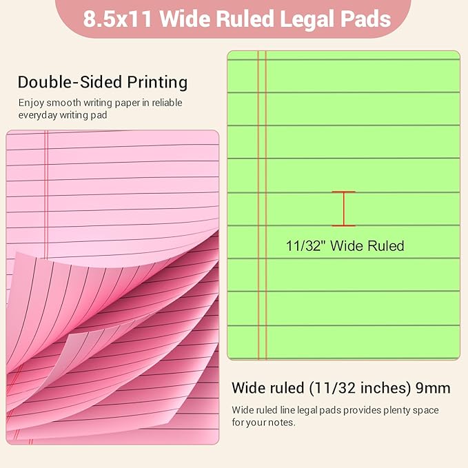 Legal Pads 8.5 x 11 Colored Notepad, 3 Pack Note Pads Wide Ruled Lined Paper, Micro Perforated Writing Pads, 30 Sheet/Note Pads, Notebook Paper Tablet for School, Pink Legal Pad 8.5 x 11