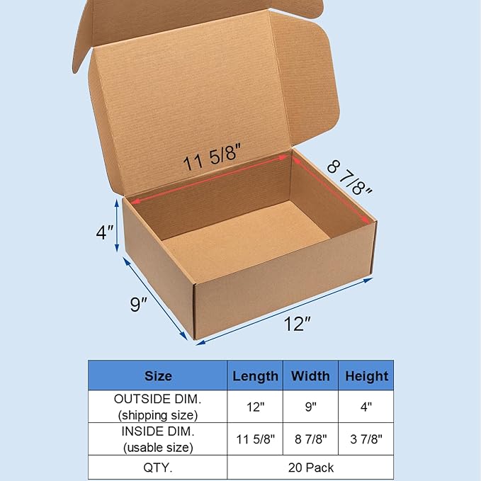 Shipping Boxes 12x9x4 Inches 20 Pack Corrugated Cardboard Mailing Boxes for Small Business, Kraft Medium Literature Mailer Packaging Supplies Brown