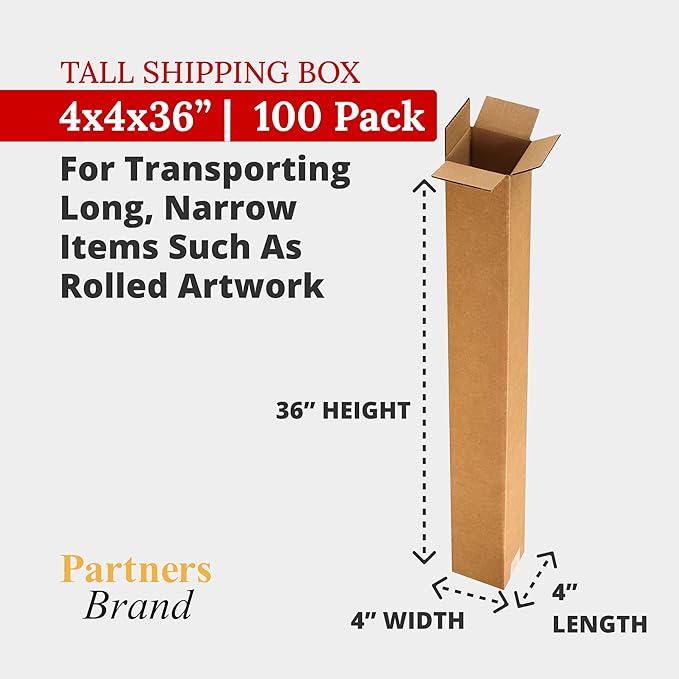 PARTNERS BRAND 4x4x36 Tall Corrugated Boxes, Tall, 4L x 4W x 36H, Pack of 100 | Shipping, Packaging, Moving, Storage Box for Home or Business, Strong Wholesale Bulk Boxes