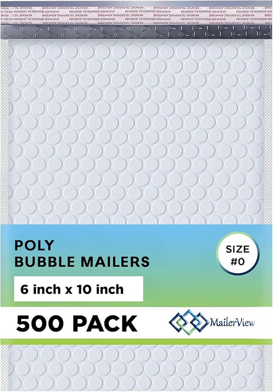 White Small Poly Bubble Mailers 6x10 inch #0 | Self Seal Padded Envelopes | Cushioned Bubble Mailer | Usable Size 6x9 | WaterProof | Lightweight mailing Shipping Bags | 500 Pack Bulk