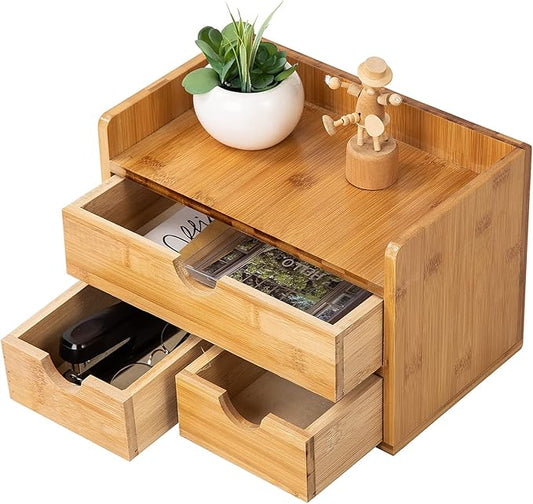 Rustic Distressed white 3-Tier Bamboo Desk Organizer with 3 Drawers Mini Storage Shelf For Desk, Toiletries Vanity Office Supplies (bamboo)
