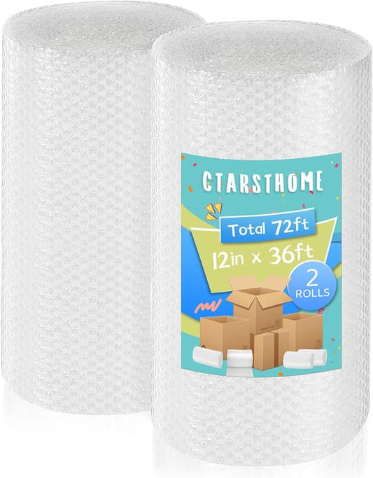 2 Pack-12inchx72ft Total 3/16" Air Bubble Cushioning Wrap Roll, Bubble Wrap for Protection Packaging Mailers, Nylon Wrap Rolls Moving Cushioning Supplies for Moving/Insulation, Perforated Every 12”