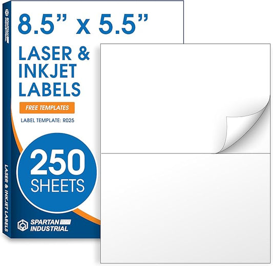 8.5" X 5.5" Printable Half-Sheet Shipping Labels for Inkjet and Laser Printers - 250 Sheets, 500 Custom Stickers for Mailing, Packages, and Address Labels - Spartan Industrial Template R025