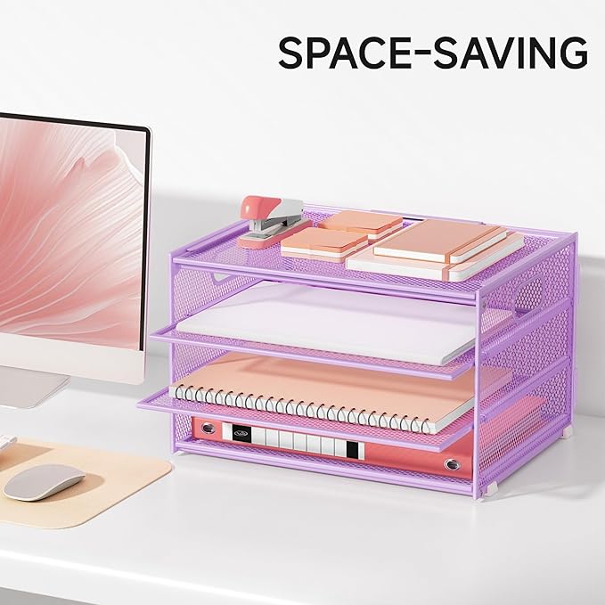 Lavatino 3-Tier Letter Tray Desk Organizer, Mesh Paper File Tray Organizer for Desk, Office Supplies & Home Organization, Fits A4 Paper, Mail, Magazines & Office Accessories (Purple with Handle)
