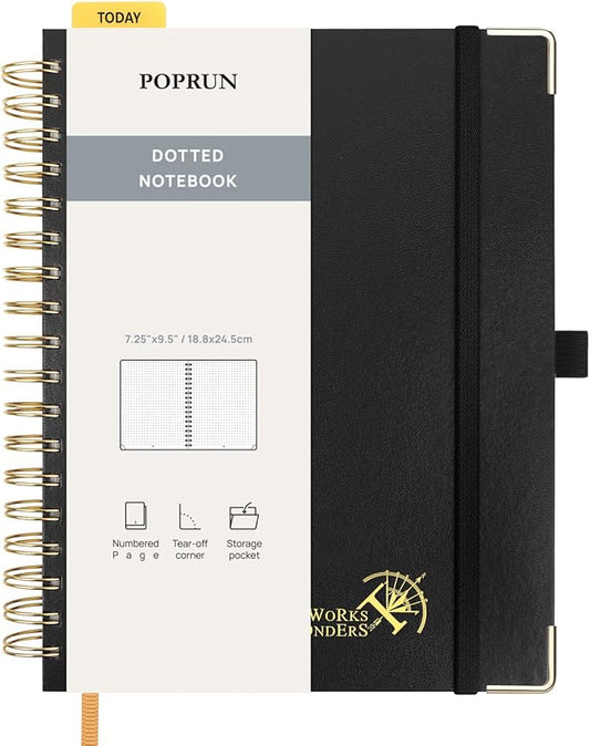 POPRUN Spiral Bullet Dotted Journal Notebook, 7-1/4" x 9-1/2" - 120 GSM Thick Paper, 220 Numbered Pages, Hardcover for Men & Women with Pocket, Index Tabs, 8 Perforated Sheets, Black