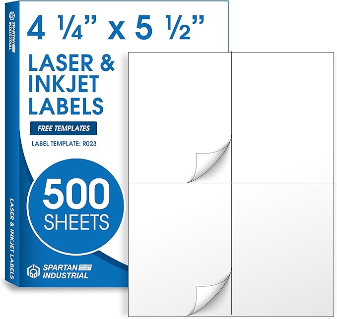 4.25" X 5.5" Matte White Shipping Labels Compatible with Inkjet and Laser Printers - 500 Sheets, 2000 Total Printable Stickers for Mailing and Organization - Spartan Industrial Template R023