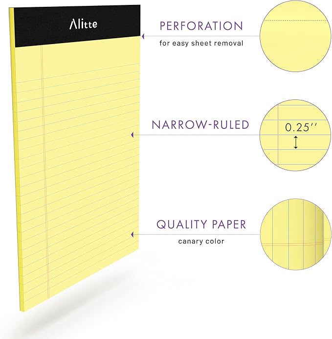 Yellow Legal Notepads 5x8, Pack of 12 - Perforated Narrow Ruled Writing Pad - Premium Thick Paper, No Ink Bleeding - Blank Legal Pads For Home, Office, School, Business - 50 Sheets Per Notebook