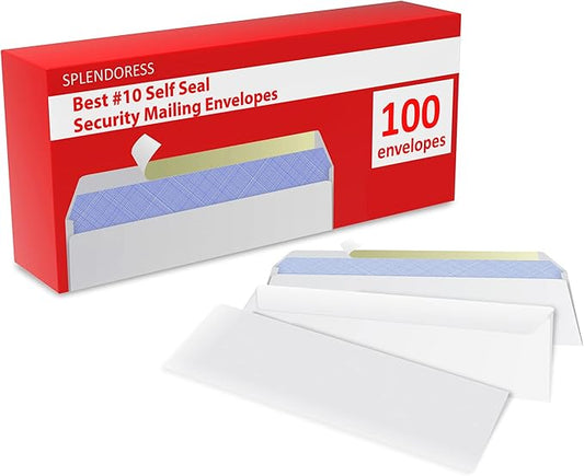 #10 Envelopes Letter Size Self Seal | 100 Business Mailing Security Peel and Sealing Envelope | 100% Tinted | no 10 White Windowless Legal Regular Plain Envelops Pack | 4-1/8 x 9-1/2 Inches | 24 LB