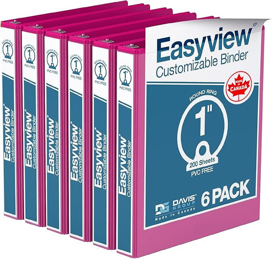 Easyview Premium 3-Ring Binders with Clear-View Covers and Round Rings, Binders for School or Office, 1 Inch, Pack of 6, Pink