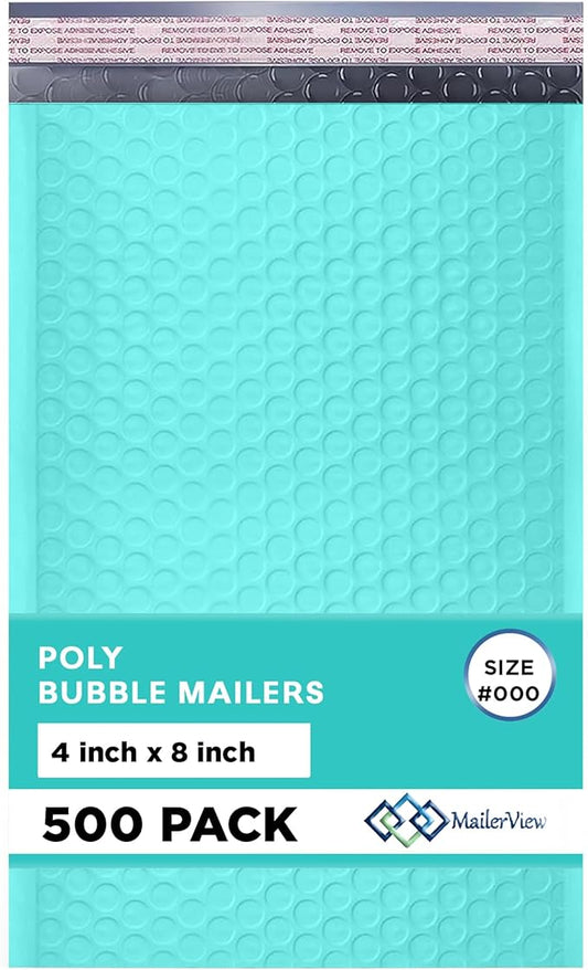Teal Small Bubble Mailers 4x8 Inch #000 | Thick Padded Poly Bubble Mailer Envelopes | 500 Pack Bulk | Trading Card Sports Card Shipping