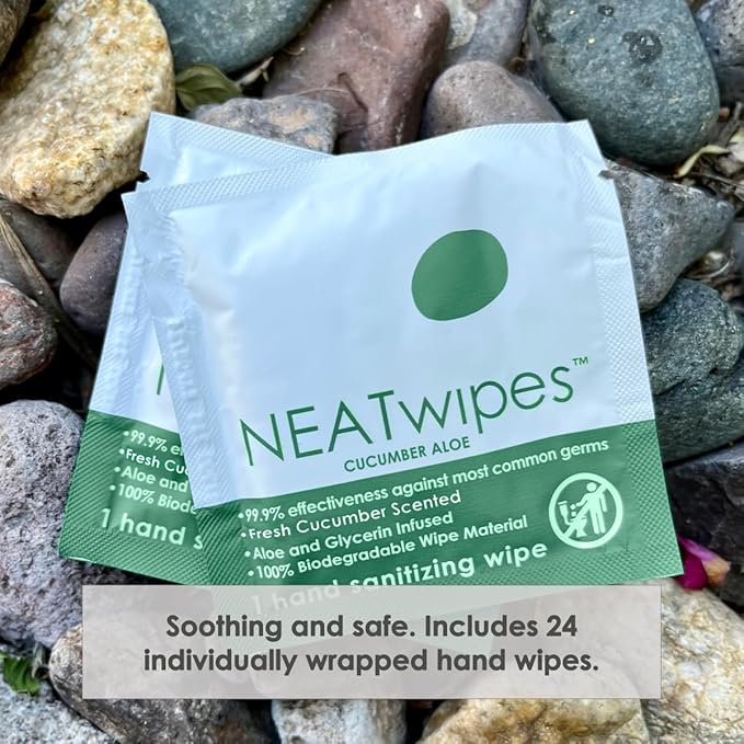 NEATwipes Hand Sanitizing Wipes | Travel Size | Disposable Wet Wipe & Biodegradable | Cucumber Aloe Essential Oil | Soothing Aloe & Glycerin | 24 Individually Wrapped Wipes