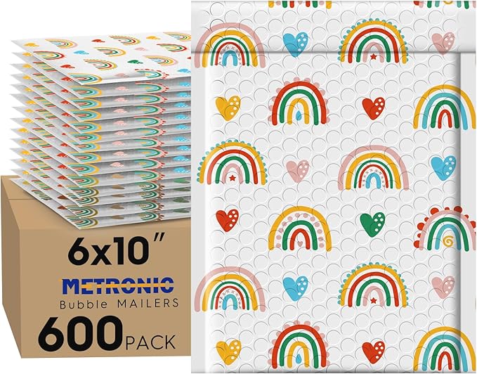 Metronic Bubble Mailers 6x10" 600 Pack Usable Size 6x9,Waterproof Mailing Padded Envelopes for Small Business,Cushioning Bubble Wrap Mailer Bags,Shipping Envelopes for Gift,Small Items Rainbow