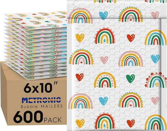 Metronic Bubble Mailers 6x10" 600 Pack Usable Size 6x9,Waterproof Mailing Padded Envelopes for Small Business,Cushioning Bubble Wrap Mailer Bags,Shipping Envelopes for Gift,Small Items Rainbow