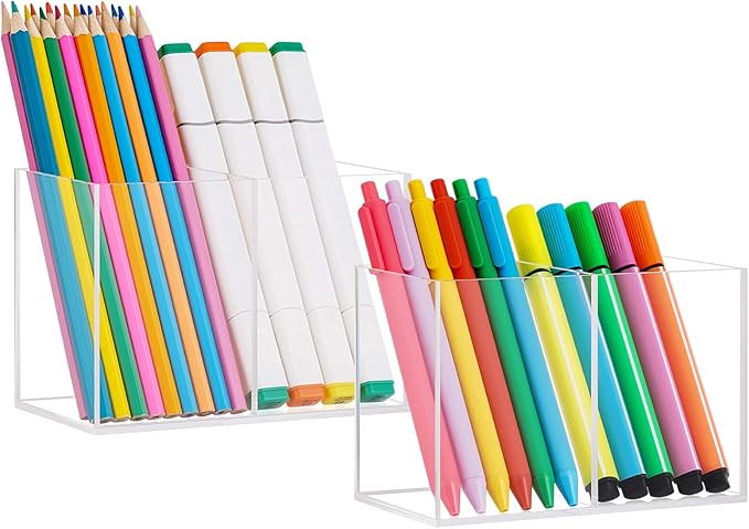 VITVITI Acrylic Pen Holder, Clear Desk Organizer, Pencil Cup Holder for Desk with 4 Compartments, Desktop Stationery Organizer for Home/Office Storage/School/Art Supply, Set of 2