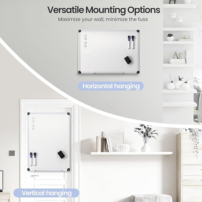 VUSIGN Magnetic White Board 24" x 18" for Wall, Dry Erase Board for Home Office, School, Study Room – Silver Aluminum Frame with 2 Markers, 4 Magnets & Eraser