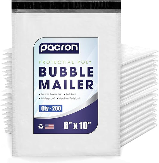 200-Pack Waterproof Poly Bubble Mailers 6 x 10 - Thick, Durable, Instant Seal Envelopes with Strong Adhesive - Protective Shipping Mailers for Jewelry, Cosmetics, SD Cards, USB Cables