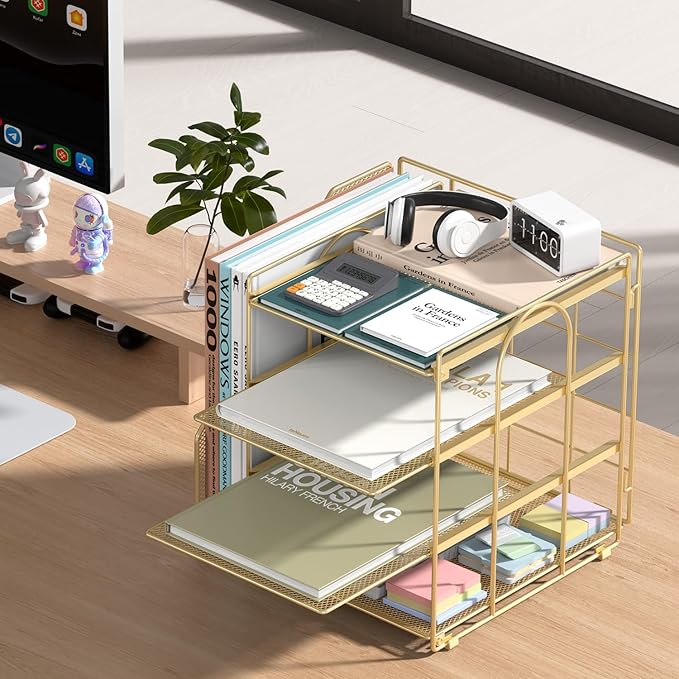 Gold Desk Organizer, 4-Tier Metal Paper Organizer for Desk with Vertical File Holder, Office Accessories and Desktop Storage for Office Supplies (Gold)