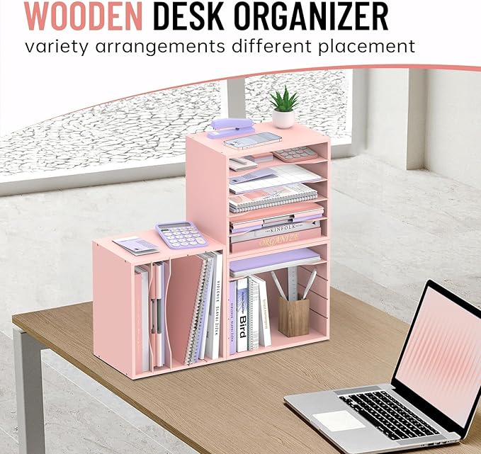 5-Tier Wood Desk Organizer, Paper Tray Organizer for Desk with Adjustable Storage Shelves, Desktop File Organization Paper Sorter Mail Holder for Office Home Classroom, Pink