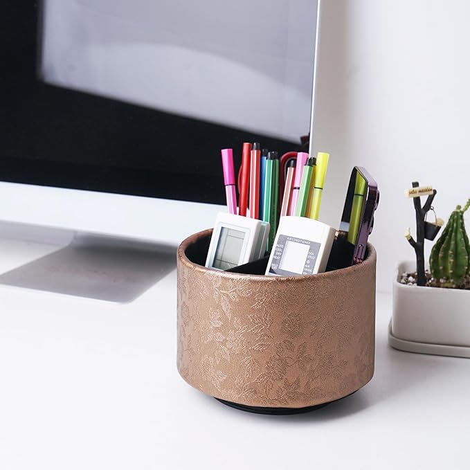 lizimandu Round Leather Art Supply Organizer,Remote Control Holder,360 Degree Spinning,Multi-Functional Pencil Holder,4 Compartments Desktop Stationary Organizer(1-Liuli Cooper)