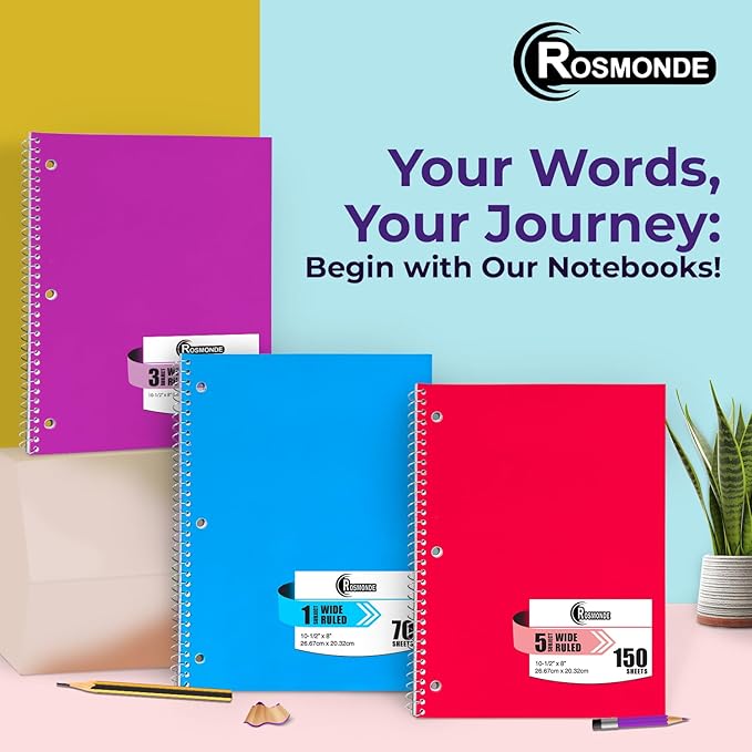 Rosmonde 3 Subject Notebook Wide Ruled, 6 Pack, Long Lasting, Extra Pages - 300 Pages (150 Sheets), No-Bleed Thick Paper, 3 Hole Punched, 8x10-1/2, 3 Subject Spiral Notebook for School, Home & Office