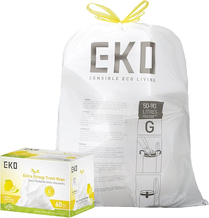 EKO 21 Gallon / 50-90 Liter, 60 Count Drawstring Trash Bags, Extra-Strong Garbage Bags, Lemon Zest Scent with Continuous Odor Control, Easy-Dispense Roll for Kitchen and Household Use, Code G, White