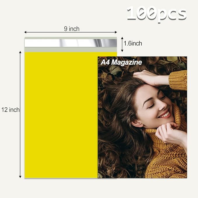 Yellow Poly Mailers 9x12 Inch 100 Pcs, Strong Adhesive Shipping Bags for Clothing, Self-Sealing and Waterproof Mailing Envelopes, Privacy Protected Mailer Bags for Small Business