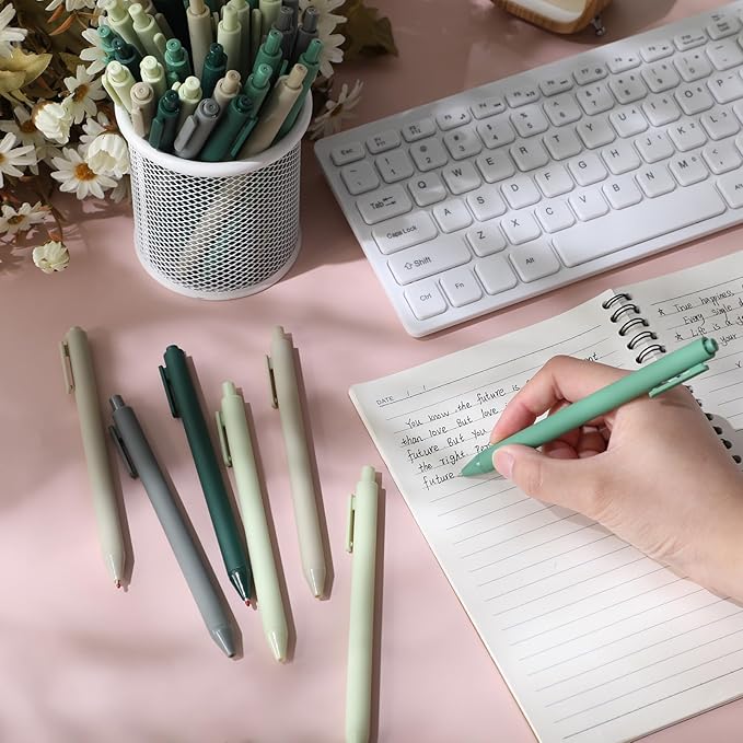 Crtiin 50 Pcs Gel Ink Pens Bulk, Black Ink 0.5mm Fine Point Retractable Pen Smooth Writing Office School Supplies for Teacher Server Operation Christmas Charity Donation Thanksgiving (Green Series)