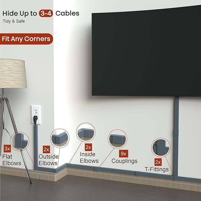 Grey Cable Cover Cord Hider - 157in Wire Hider on Wall Mounted, Grey Cord Cover Kit for Wall Mounted TV, Hide Wires Along Wall, Decorative Cable Raceway, Electrical Cable Concealer, Gray Cable Channel