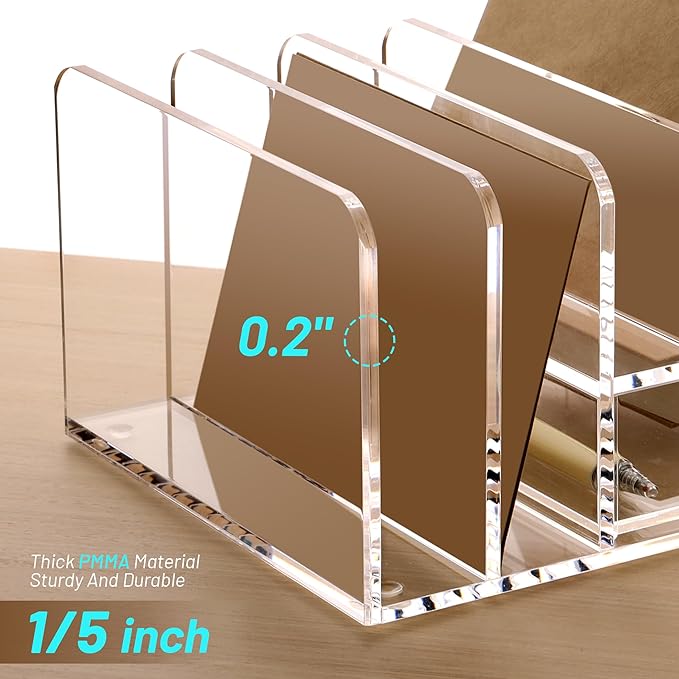 SANRUI Desk Organizers and Accessories, Acrylic Mail Organizer Countertop, 5-Slots File Sorter with Drawer, Desktop Organizer for Office Supplies