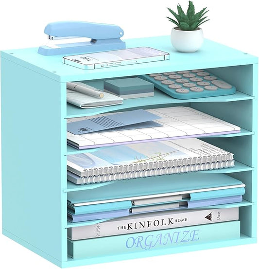 5-Tier Wood Desk Organizer, Paper Tray Organizer for Desk with Adjustable Storage Shelves, Desktop File Organization Paper Sorter Mail Holder for Office Home Classroom, Blue